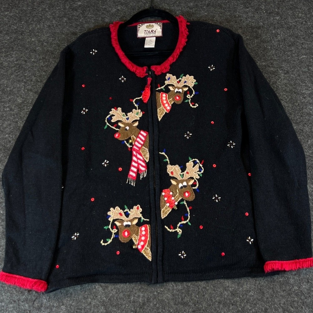 Vintage 90s  Tiara International Reindeer Christmas Cardigan Black Zip Womens M